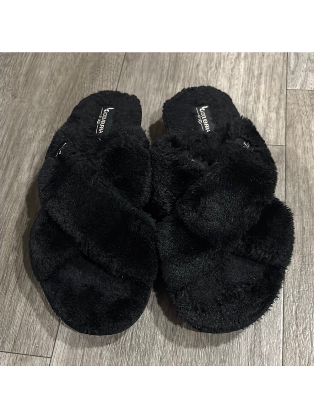 UGG Black Plush Crisscross Slide Slippers